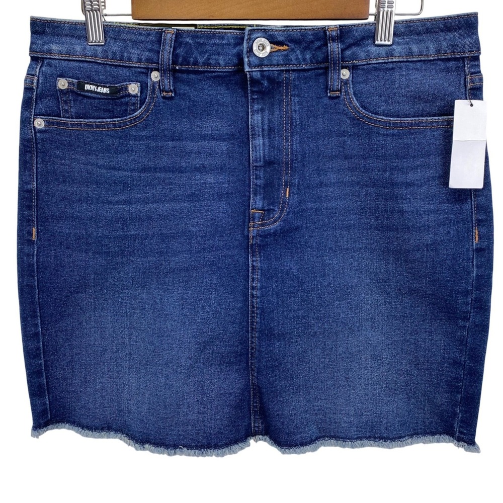 DKNY Jeans Womens Denim Skirt Midi Raw Hem A Line Darkโ Wash Size 12 NWT